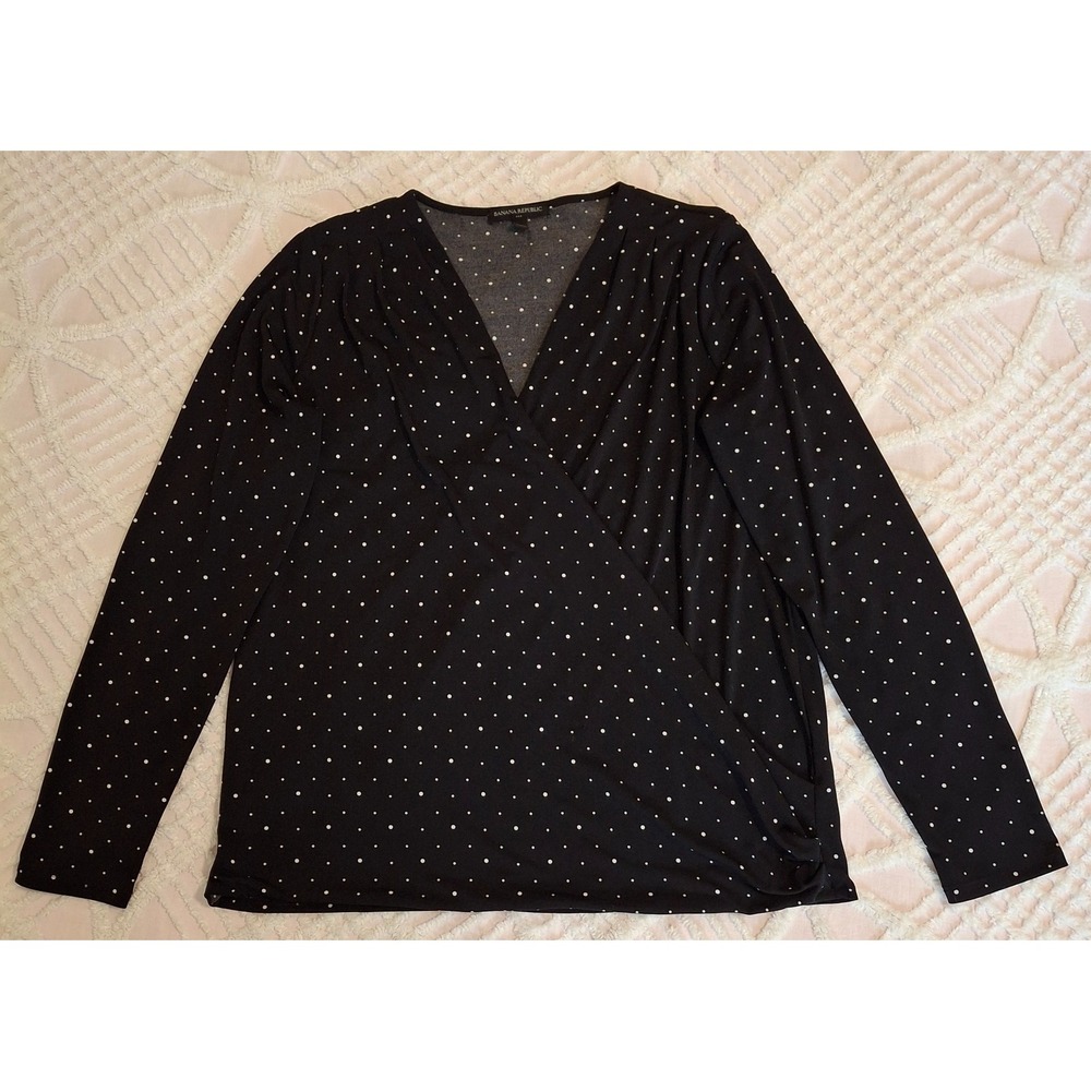 Banana Republic Womens Medium Faux Wrap Top Black Polka Dot Long Sleeve V-Neck